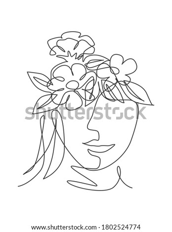 Single continuous line drawing nature portrait minimalist. Flower bouquet head concept. Beauty floral cosmetic salon abstract face print. Trendy one line art draw design vector graphic illustration