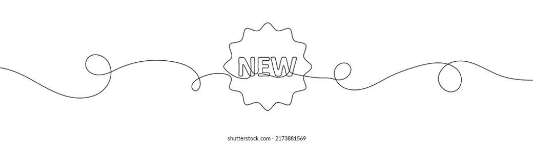 Dibujo de línea continua único de un texto NUEVO. Un plano de línea continua de banner de descuento. Ilustración vectorial. Diseño de banners de descuento lineal