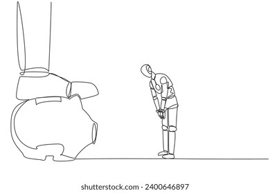 Single continuous line drawing a new robot nodded in front of giant foot that stepped on the piggy bank. Good learning robot. Learn to invest. Future technology. One line design vector illustration