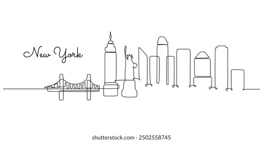 Dibujo de una sola línea continua del Nuevo horizonte de la ciudad de York, Estados Unidos. Paisaje urbano histórico icónico. Ilustración vectorial de diseño de trazo editable.