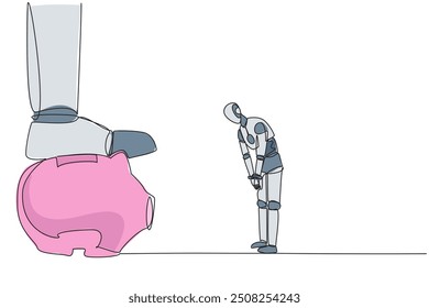 Single continuous line drawing a new robot nodded in front of giant foot that stepped on the piggy bank. Good learning robot. Learn to invest. Future technology. One line design vector illustration