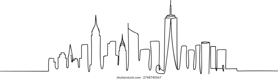 Single continuous line drawing of New York city skyline, USA. Famous city scraper and landscape. World travel concept home wall decor poster print art. one line Icon drawing
