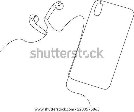 Single continuous line drawing new generation earphone with new phone. Electronic small home business equipment concept. Modern one line draw design graphic vector illustration