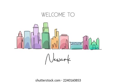 Single continuous line drawing of Newark city skyline, New Jersey. Famous city scraper landscape. World travel home wall decor art poster print concept. Modern one line draw design vector illustration