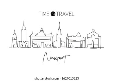 Single continuous line drawing of Newport city skyline, Wales. Famous city scraper and landscape in the world. World travel concept art. Editable stroke modern one line draw design vector illustration