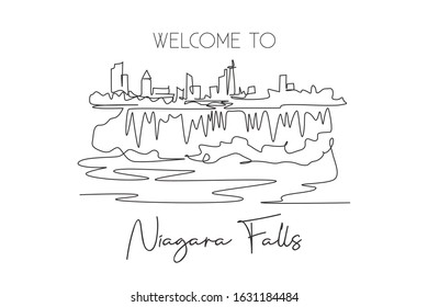 Single continuous line drawing of Niagara Falls skyline, Canada. Famous nature landscape home decor art poster print. World travel destination concept. Modern one line draw design vector illustration