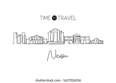 Single continuous line drawing of Nicosia city skyline, Cyprus. Famous city scraper landscape. World travel concept home wall decor poster print art. Modern one line draw design vector illustration