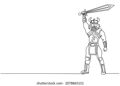 Single continuous line drawing nordic man holding sword up in the air. Vector of warrior wearing viking war armor. Character from pagan and scandinavian mythology. One line draw design illustration