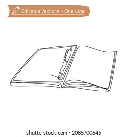 Single continuous line drawing of notebook or notepad with a ballpoint above work desk. Writing business draft on office notes concept. Notebook and pen one line drawing vector.
