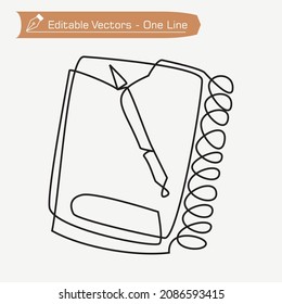 Single continuous line drawing of notebook or notepad, diary, book with ballpoint. School's in session, appreciating teachers, teacher's day, back to school, Business and education concept. 