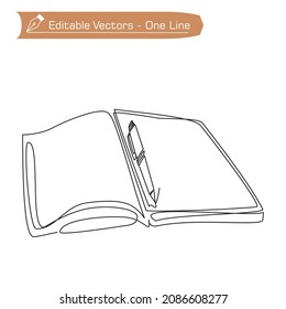 Single continuous line drawing of notebook or notepad with a ballpoint above work desk. Notebook and pen one line drawing. Vector illustration of single line drawing for logos, icons and symbols.