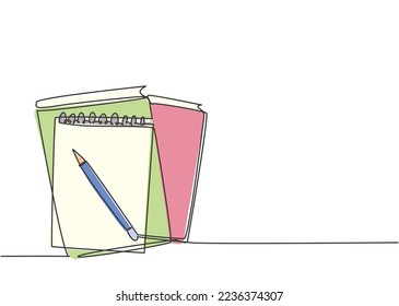 Dibujo de línea continua simple de cuaderno o bloc de notas con un lápiz encima del escritorio. Redactar borrador de negocio sobre el concepto de notas de oficina. Ilustración gráfica del vector de diseño de una línea de moda