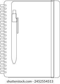 Single continuous line drawing of notebook with a pen above work desk. Notepad and pencil one line vector.