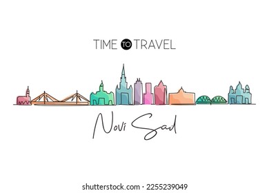 Single continuous line drawing Novi Sad city skyline, Serbia. Historical town landscape in world. Best holiday destination wall decor. Editable stroke trendy one line draw design vector illustration