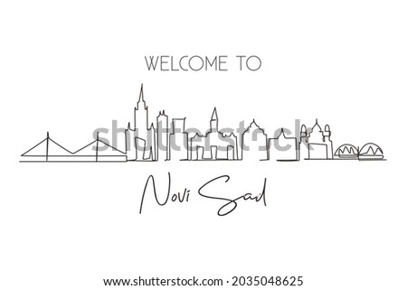 Single continuous line drawing Novi Sad city skyline, Serbia. Beautiful landmark. World landscape tourism travel home wall decor poster print art. One line draw graphic design vector illustration