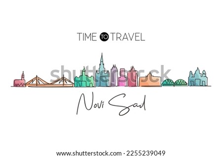 Single continuous line drawing Novi Sad city skyline, Serbia. Historical town landscape in world. Best holiday destination wall decor. Editable stroke trendy one line draw design vector illustration