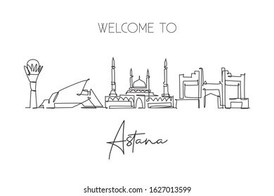 Single continuous line drawing of Nur Sultan, Astana city skyline, Kazakhstan. Famous city landscape. World travel concept home wall decor poster print. Modern one line draw design vector illustration