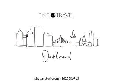 Single continuous line drawing of Oakland city skyline California. Famous city scraper landscape. World travel concept wall decor home art poster print. Modern one line draw design vector illustration