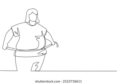 Single continuous line drawing obese woman wrapped in measuring tape. Self-awareness. It's already gone way beyond limit. Back to healthy living. World Obesity Day. One line design vector illustration