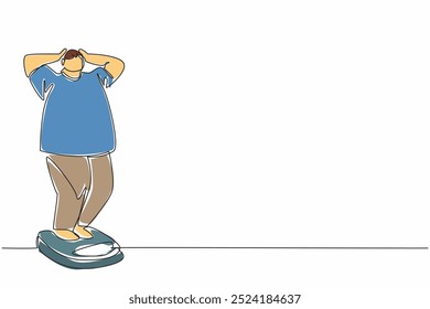 Single continuous line drawing obese man weighing himself on a scale. Shocked. Feeling insecure. Thinking about losing weight. Extra exercise. World Obesity Day. One line design vector illustration