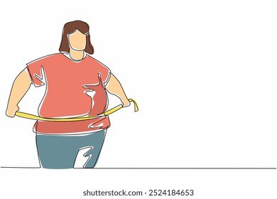 Single continuous line drawing obese woman wrapped in measuring tape. Self-awareness. It's already gone way beyond limit. Back to healthy living. World Obesity Day. One line design vector illustration