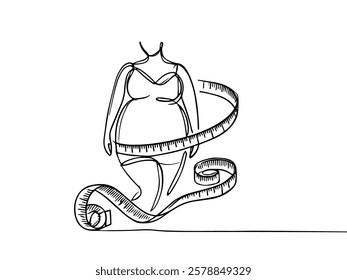 Single continuous line drawing obese woman wrapped in measuring tape. Self-awareness. It's already gone way beyond limit. Back to healthy living. World Obesity Day. One line design vector illustration