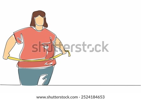 Single continuous line drawing obese woman wrapped in measuring tape. Self-awareness. It's already gone way beyond limit. Back to healthy living. World Obesity Day. One line design vector illustration