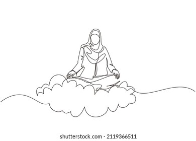 Single continuous line drawing office worker or businesswoman relaxes, meditates in lotus position on clouds. Arabian woman relaxing with yoga or meditation pose. One line draw graphic design vector
