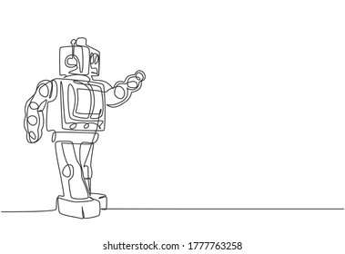 Single continuous line drawing of old retro classic iconic robot from 90s era. Vintage technology electronic toy concept one line draw design vector graphic illustration