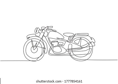 Single continuous line drawing of old classic vintage motorcycle symbol. Retro motorbike transportation concept one line draw design vector graphic illustration