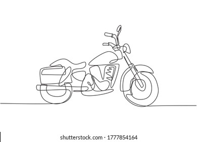 Single continuous line drawing of old classic vintage motorcycle symbol. Retro motorbike transportation concept one line draw design vector graphic illustration