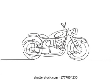 Single continuous line drawing of old classic vintage chopper motorcycle symbol. Retro motorbike transportation concept one line draw design graphic vector illustration