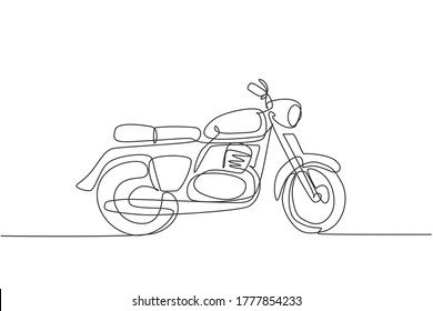 Single continuous line drawing of old classic vintage motorcycle symbol. Retro motorbike transportation concept one line draw design vector graphic illustration