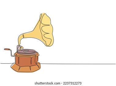 Single continuous line drawing of old retro analog vinyl gramophone with wooden table box . Nostalgic vintage classic music player concept. Musical instrument one line draw design vector illustration