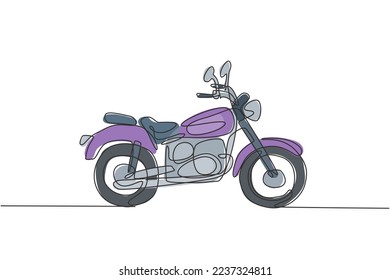 Single continuous line drawing of old classic vintage motorcycle symbol. Retro motorbike transportation concept one line draw graphic design vector illustration