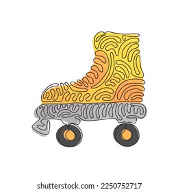 Single continuous line drawing old retro plastic quad roller skate shoes. Trendy vintage classic sport concept. Fun activity. Swirl curl style. Dynamic one line draw graphic design vector illustration