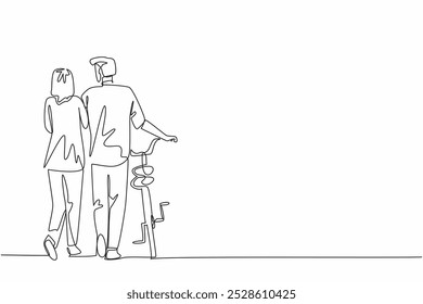 Single continuous line drawing old couple holding hands walking together. Old man leading a bicycle. Welcoming the dusk. A romance. Culture. National Walking Day. One line design vector illustration