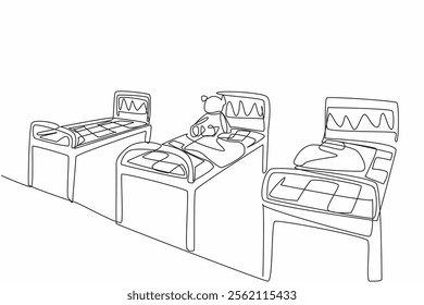 Single continuous line drawing old room with iron beds lined up and a broken doll. A room abandoned by tragedy. Gripping. International Chernobyl Remembrance Day. One line design vector illustration