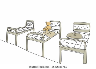 Single continuous line drawing old room with iron beds lined up and a broken doll. A room abandoned by tragedy. Gripping. International Chernobyl Remembrance Day. One line design vector illustration