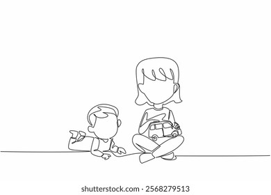 Single continuous line drawing older sister sitting cross legged on floor younger brother proning. Protect. Play. Togetherness. National Brothers and Sisters Day. One line design vector illustration