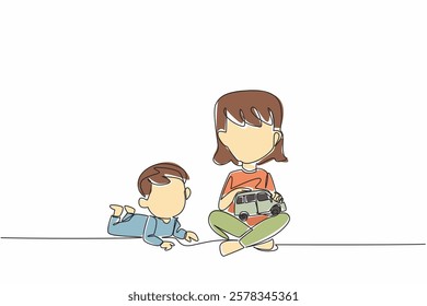 Single continuous line drawing older sister sitting cross legged on floor younger brother proning. Protect. Play. Togetherness. National Brothers and Sisters Day. One line design vector illustration