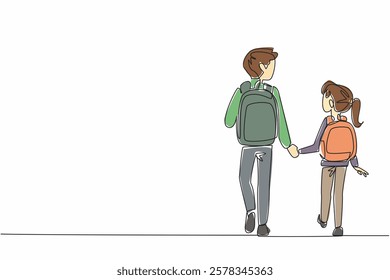 Single continuous line drawing older brother and younger sister carry bag walking. Older brother becomes the guardian of sibling. National Brothers and Sisters Day. One line design vector illustration