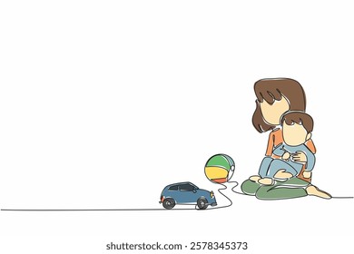 Single continuous line drawing older sister sitting on the floor and holding younger brother. Sibling harmony. Playing together. National Brothers and Sisters Day. One line design vector illustration