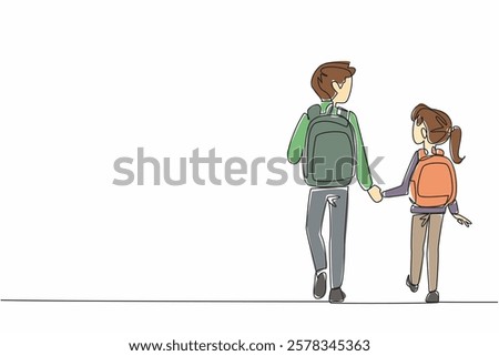Single continuous line drawing older brother and younger sister carry bag walking. Older brother becomes the guardian of sibling. National Brothers and Sisters Day. One line design vector illustration