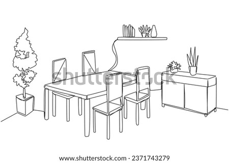 Single continuous line drawing old-style dining room. Made simple and modern with the presence of several additional decorative items. Vintage style dining table. One line design vector illustration