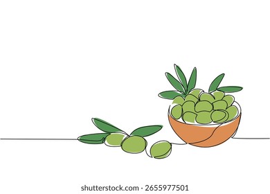 Línea continua única dibujando aceitunas en un tazón de madera con hojas, y algunas aceitunas al lado del tazón. Cosecha para ser utilizada como tratamiento. Salud. Día Nacional del Olivo. Ilustración vectorial de diseño de una línea