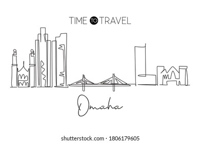 Single continuous line drawing of Omaha city skyline, Nebraska, United States. Famous city for wall decor print. World travel concept. Editable stroke modern one line draw design vector illustration