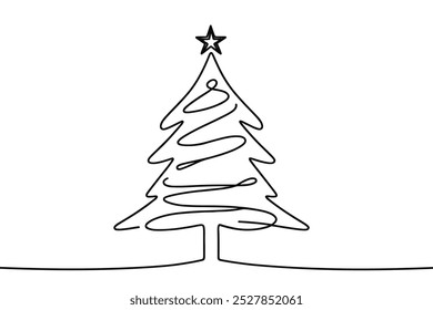 Desenho de linha contínua única sobre fundo branco. Árvore de Natal em fundo minimalista