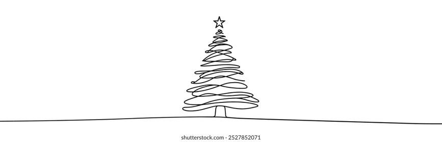 Single continuous line drawing on white background. Christmas tree in minimalistic background