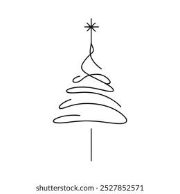 Single continuous line drawing on white background. Christmas tree in minimalistic background